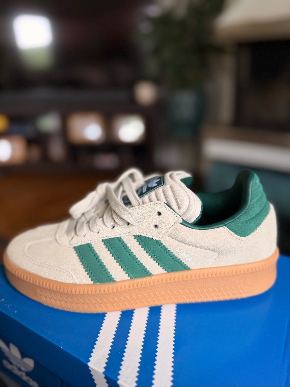 adidas unisex Samba XLG Suede Sneakers in Putty Gray with Green Stripes - Picture 2 of 6